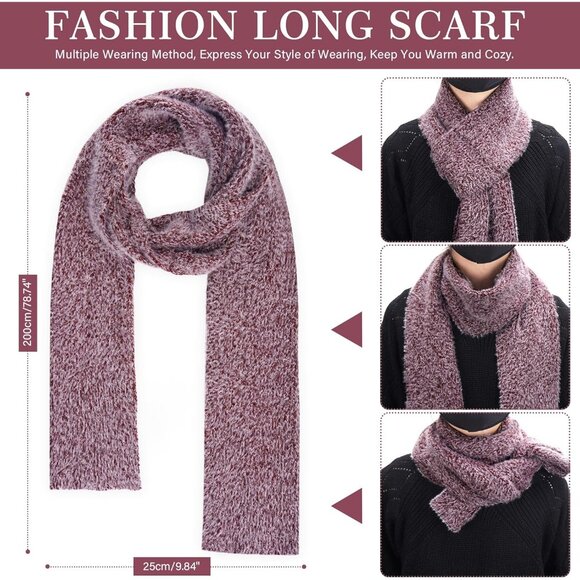 Women's Wine Red Warm Knit Beanie Hat Touchscreen Gloves Long Neck Scarf Set - Picture 5 of 7